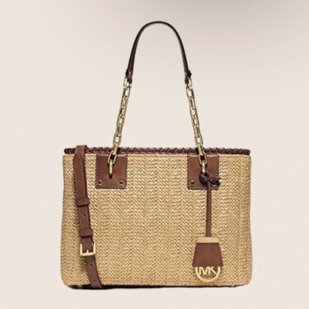 Michael Kors Straw Rattan Brown Leather Gold Chain Summer Bag Purse